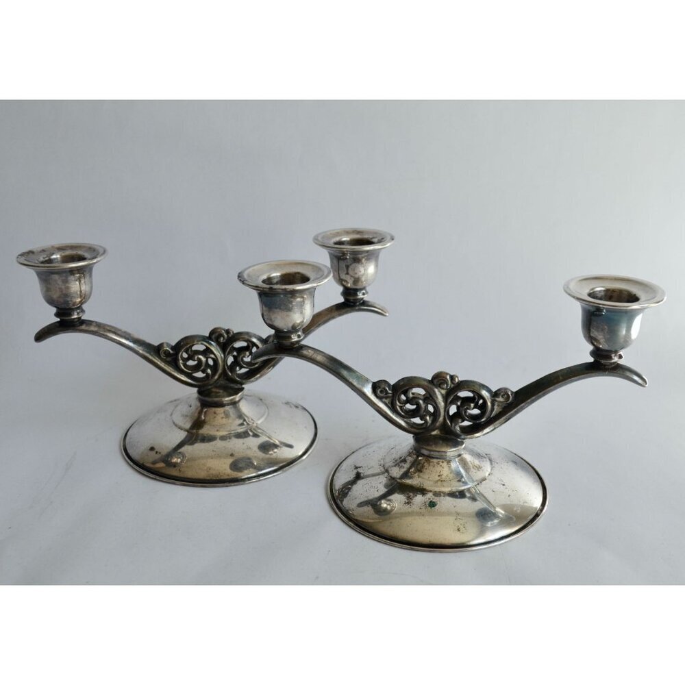 Oneida Vintage Silverplated Double Arm Taper Candlestick Holders Pair